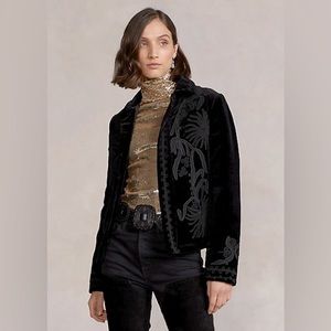 SOUTACHE-TRIM VELVET BLAZER IN POLO BLACK